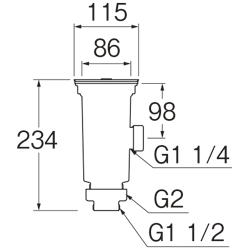 流し排水栓の寸法図。上の口にゴミ受けが入り、その下に椀(わん)と水がたまる部分、横に接続口がある
